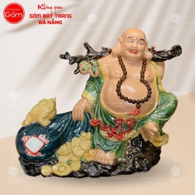 Tượng phật di lặc gánh tiền và đào tiên gốm sứ Bát Tràng BT-TDL08