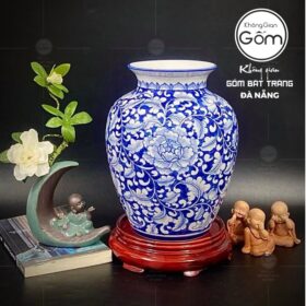 Bình hoa gốm sứ bát tràng vẽ hoa Phù Dung lam kỹ kín lọ dáng vò BT-BH62