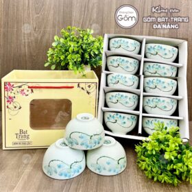 Bộ 10 bát cơm gốm sứ Bát Tràng họa tiết hoa sen xanh BT-BBD110