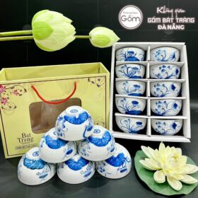 Bộ 10 bát cơm gốm sứ Bát Tràng họa tiết hoa sen xanh dương BT-BBD104