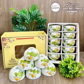 Bộ 10 bát cơm gốm sứ Bát Tràng họa tiết hoa sen xanh vàng BT-BBD102