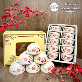 Bộ 10 bát cơm gốm sứ Bát Tràng họa tiết nhánh hoa đào đỏ BT-BBD100