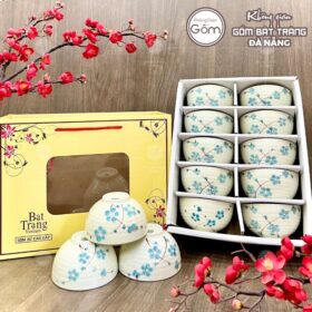 Bộ 10 bát cơm gốm sứ Bát Tràng họa tiết nhánh hoa đào xanh BT-BBD98