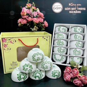Bộ 10 bát cơm gốm sứ Bát Tràng họa tiết nhành lá trái tim xanh lá BT-BBD96