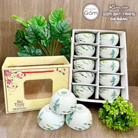 Bộ 10 bát cơm gốm sứ Bát Tràng họa tiết nhánh tre chuồn chuồn BT-BBD108
