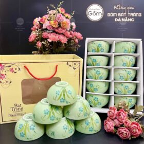 Bộ 10 bát cơm màu xanh ngọc gốm sứ Bát Tràng hoa văn vẽ tay BT-BBD94