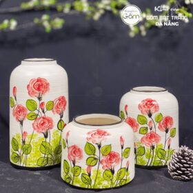 Bộ ba bình hoa dáng lồng chim màu trắng hoa hồng BT-BH77
