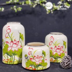 Bộ ba bình hoa dáng lồng chim màu trắng hoa sen hồng BT-BH76