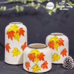 Bộ ba bình hoa dáng lồng chim màu trắng lá vàng BT-BH75