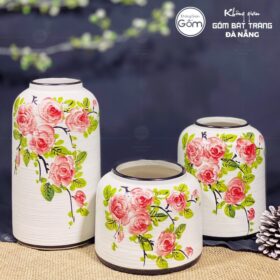 Bộ ba bình hoa dáng lồng chim màu trắng hoa hồng BT-BH71