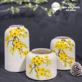 Bộ ba bình hoa dáng lồng chim màu trắng hoa mai BT-BH70