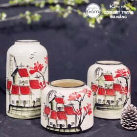 Bộ ba bình hoa dáng lồng chim màu trắng phố cổ BT-BH69