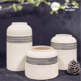 Bộ ba bình hoa dáng lồng chim màu trắng sọc ngang BT-BH78