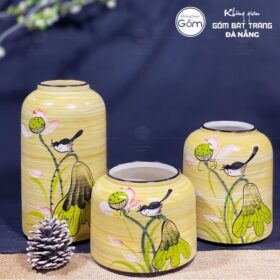 Bộ ba bình hoa dáng lồng chim màu vàng sen hồng BT-BH68