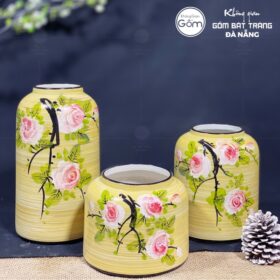Bộ ba bình hoa dáng lồng chim màu vàng nhành hồng BT-BH64