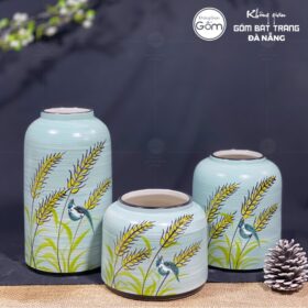 Bộ ba bình hoa dáng lồng chim màu xanh dương lúa vàng BT-BH62