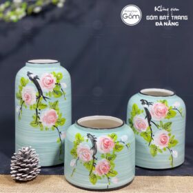Bộ ba bình hoa dáng lồng chim màu xanh dương nhành hồng BT-BH61