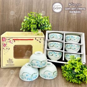 Bộ 6 bát cơm gốm sứ Bát Tràng họa tiết hoa sen xanh BT-BBD111