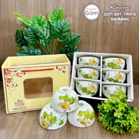 Bộ 6 bát cơm gốm sứ Bát Tràng họa tiết hoa sen xanh vàng BT-BBD103