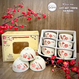 Bộ 6 bát cơm gốm sứ Bát Tràng họa tiết nhánh hoa đào đỏ BT-BBD101