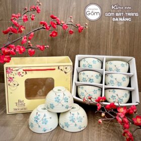 Bộ 6 bát cơm gốm sứ Bát Tràng họa tiết nhánh hoa đào xanh BT-BBD99
