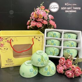 Bộ 6 bát cơm màu xanh ngọc gốm sứ Bát Tràng hoa văn vẽ tay BT-BBD95