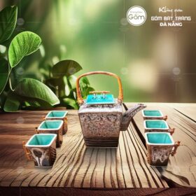 Bộ ấm chén dáng hình thang quai mây xách men nâu hỏa biến BT-BAT59
