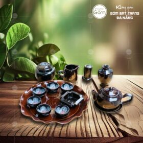 Bộ ấm chén men nâu hỏa biến hoa nở lòng chén khay tròn BT-BAT61