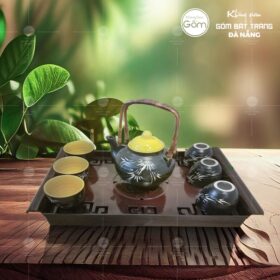 Bộ ấm trà quai xách mây họa tiết lá trúc màu đen BT-BAT66
