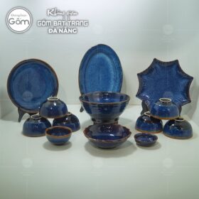 Bộ bát đĩa men hỏa biến màu xanh dương 13 món gốm sứ bát tràng BT-BBD80