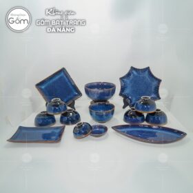 Bộ bát đĩa men hỏa biến màu xanh dương 14 món gốm sứ bát tràng BT-BBD79