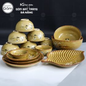 Bộ bát dĩa men vàng bát tràng 14 món họa tiết đào trắng BT-BBD76