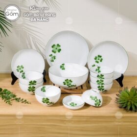 Bộ bát đĩa sứ trắng Bát Tràng 12 món họa tiết cỏ bốn lá vẽ tay BT-BBD89