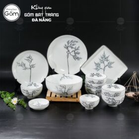 Bộ bát đĩa sứ trắng Bát Tràng 12 món họa tiết nhánh cây vẽ tay BT-BBD83