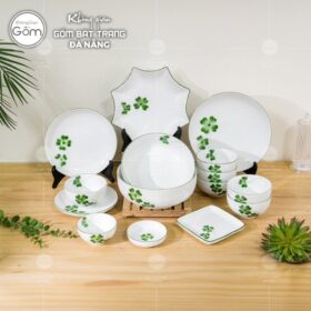 Bộ bát đĩa sứ trắng Bát Tràng 15 món họa tiết cỏ bốn lá vẽ tay BT-BBD88