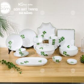 Bộ bát đĩa sứ trắng Bát Tràng 21 món họa tiết cỏ bốn lá vẽ tay BT-BBD87