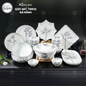 Bộ bát đĩa sứ trắng Bát Tràng 21 món họa tiết nhánh cây vẽ tay BT-BBD82