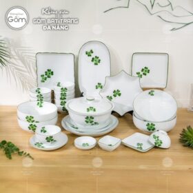 Bộ bát đĩa sứ trắng Bát Tràng 27 món họa tiết cỏ bốn lá vẽ tay BT-BBD86