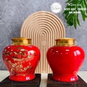 Hũ đựng trà gốm sứ dáng chóe màu đỏ họa tiết tùng hạc BT-HĐT38