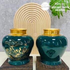 Hũ đựng trà gốm sứ dáng chóe màu xanh coban họa tiết hoa sen chuồn chuồn BT-HĐT36