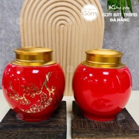 Hũ đựng trà gốm sứ dáng tròn màu đỏ họa tiết nhánh đào BT-HĐT31