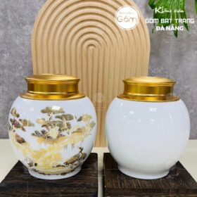 Hũ đựng trà gốm sứ dáng tròn màu trắng họa tiết tùng hạc BT-HĐT29
