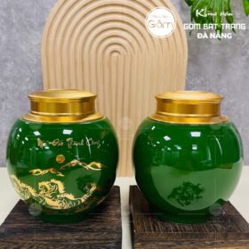 Hũ đựng trà gốm sứ dáng tròn màu xanh lá họa tiết mã đáo thành công BT-HĐT25