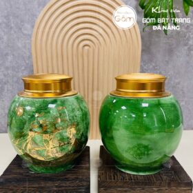 Hũ đựng trà gốm sứ dáng tròn men hỏa biến thiên xanh lá họa tiết thuận buồm xuôi gió BT-HĐT24