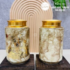 Hũ đựng trà gốm sứ dáng trụ men hỏa biến thiên nâu họa tiết thuận buồm xuôi gió BT-HĐT18
