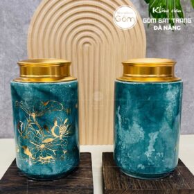 Hũ đựng trà gốm sứ dáng trụ men hỏa biến thiên xanh dương họa tiết hoa sen BT-HĐT17