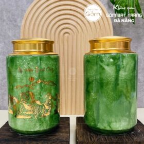 Hũ đựng trà gốm sứ dáng trụ men hỏa biến thiên xanh lá họa tiết mã đáo thành công BT-HĐT16