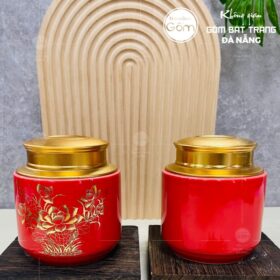 Hũ đựng trà gốm sứ dáng trụ thấp màu đỏ họa tiết hoa sen BT-HĐT14