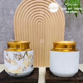 Hũ đựng trà gốm sứ dáng trụ thấp màu trắng họa tiết nhánh đào BT-HĐT12