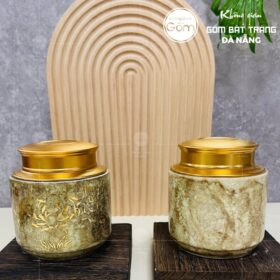 Hũ đựng trà gốm sứ dáng trụ thấp men hỏa biến thiên nâu họa tiết hoa sen BT-HĐT11
